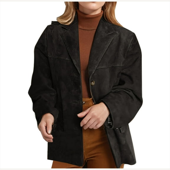 Womens Loose Suede Jacket Autumn and Winter Long Sleeve Solid Color Blazer Coats with Pockets Button Down Outerwear (Black 3XL)