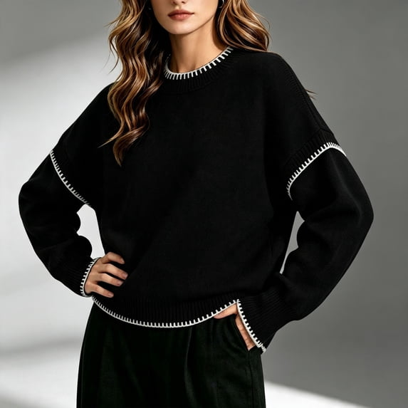 Womens Loose Sweaters Wool Blend Crew Neck Long Sleeve Trendy Casual Fall Pullover Tops Black M