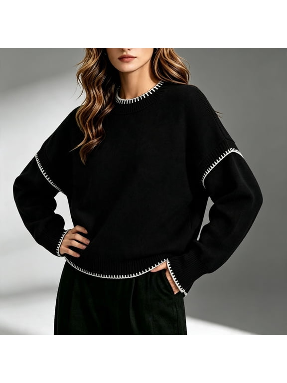 Womens Loose Sweaters Wool Blend Crew Neck Long Sleeve Trendy Casual Fall Pullover Tops Black S