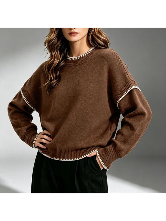 Womens Loose Sweaters Wool Blend Crew Neck Long Sleeve Trendy Casual Fall Pullover Tops Coffee M