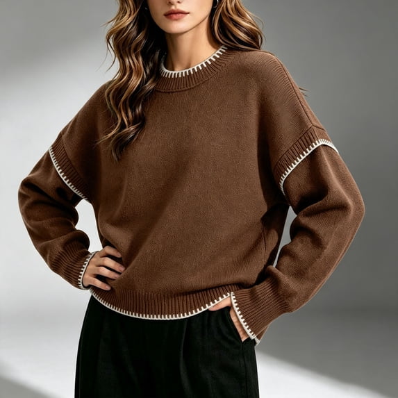 Womens Loose Sweaters Wool Blend Crew Neck Long Sleeve Trendy Casual Fall Pullover Tops Coffee S