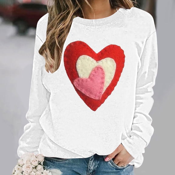 Womens Loose Sweatshirts Cute Valentines Day Clothes Crewneck Hearts Print Pullover Long Sleeve Casual Baggy Tops (XL, White 02)