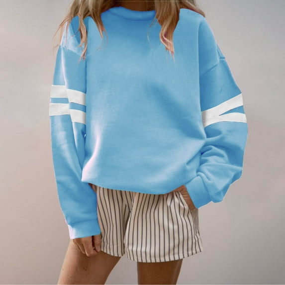 Womens Loose Sweatshirts Stripe Color Block Crewneck Long Sleeve Pullover Oversized Sweatshirt Fall Comfy Tops Light Blue 3XL