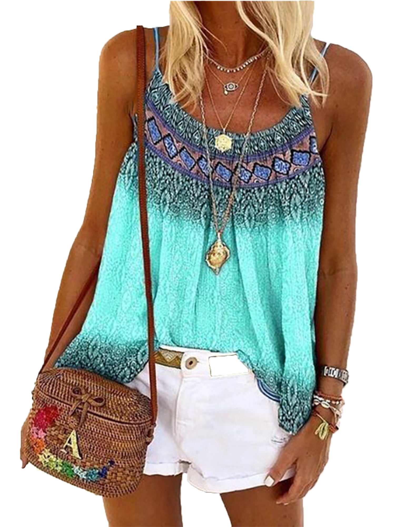 Womens Loose Tank Tops Summer Sleeveless Floral Printed Cami Tops Casual Vest Summer Beach Casual Camisole Women Boho Loose Tunic T Shirt Blouse
