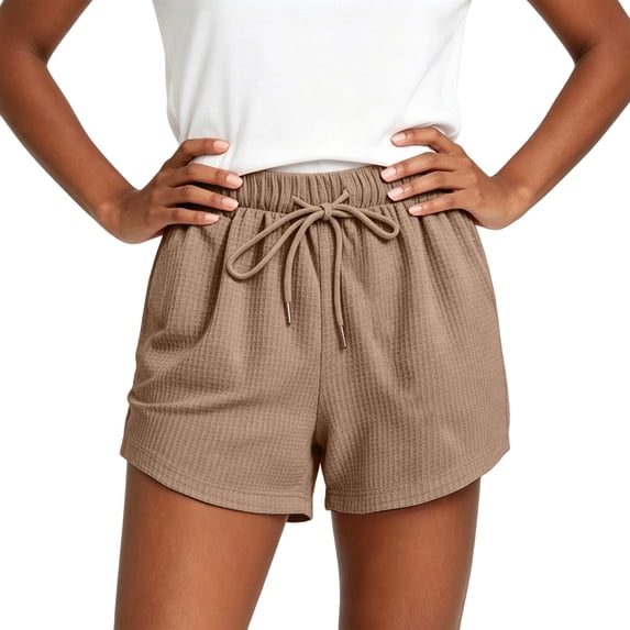 Womens Loose Waffle Knit Shorts Elastic Waist Drawstring Lounge Shorts Casual Summer Workout with Pockets Coffee 2XL