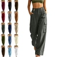 thumbnail image 1 of Womens Loose Wide Leg Cargo Pants Linen-Like Partial Elastic Waist Button Zip Fly Multi Pocket Casual Trousers, 1 of 9