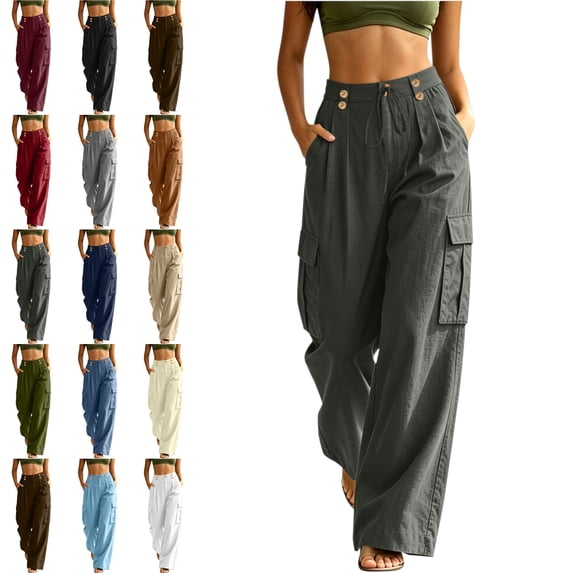 Womens Loose Wide Leg Cargo Pants Linen-Like Partial Elastic Waist Button Zip Fly Multi Pocket Casual Trousers