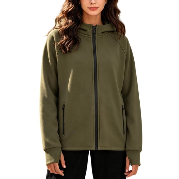 Womens Loose Zip up Hooded Outerwear Long Sleeve Casual Sports Sweatshirt Jacket with Pockets, Fashion Hoodie for Fall Winter Daily Wear S-3XL Army Green