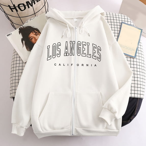 Womens Los Angeles Zip Up Hoodie Long Sleeve Drawstring Hooded Sweatshirt with Front Pocket Casual Pullover Tops