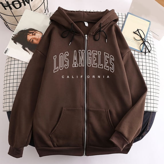 Womens Los Angeles Zip Up Hoodie Long Sleeve Drawstring Hooded Sweatshirt with Front Pocket Casual Pullover Tops