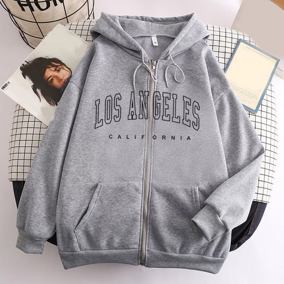 Womens Los Angeles Zip Up Hoodie Long Sleeve Drawstring Hooded Sweatshirt with Front Pocket Casual Pullover Tops