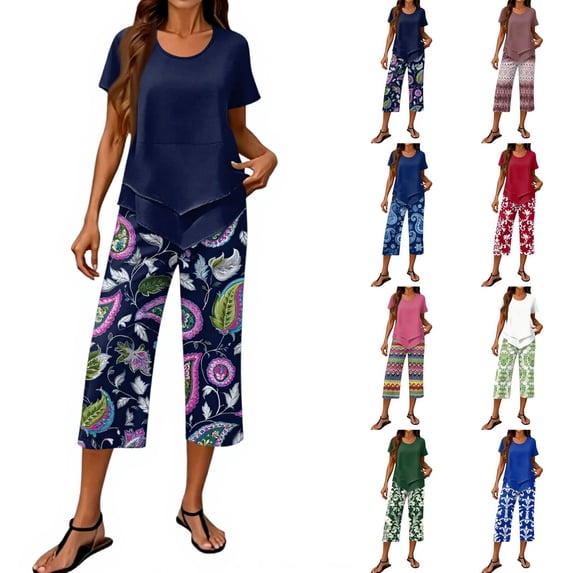 Womens Lounge 2 Piece Outfits Casual Wide Leg Crop Pants and Top Matching Set Summer Holidays Beach Clothes