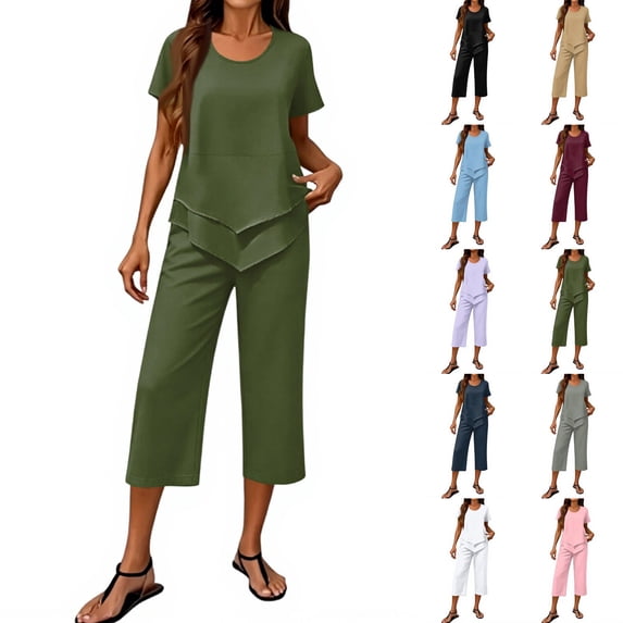 Womens Lounge 2 Piece Outfits Plus Size Summer Outfits,summer Outfits for Women Over 50,casual Wide Leg Crop Pants and Top Matching Suits