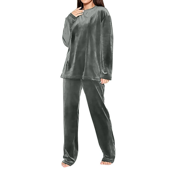 Womens Lounge 2 Piece Set Crew Neck Pullover Elastic Waist Pockets Pants Plus Size Flannel Casual Loose Home Wear (5XL, Gray)