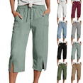 thumbnail image 1 of Womens Lounge Capri Pants Drawstring Elastic Waist Loose Capris Side Slit Lightweight Cotton Cropped Pants with Pockets,Sizes S-2XL, 1 of 7