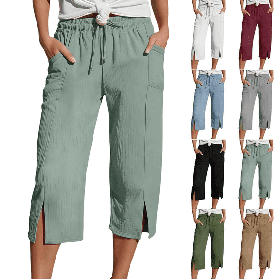 Womens Lounge Capri Pants Drawstring Elastic Waist Loose Capris Side Slit Lightweight Cotton Cropped Pants with Pockets,Sizes S-2XL