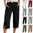 thumbnail image 1 of Womens Lounge Capri Pants Drawstring Elastic Waist Loose Capris Side Slit Lightweight Cotton Cropped Pants with Pockets,Sizes S-2XL, 1 of 7