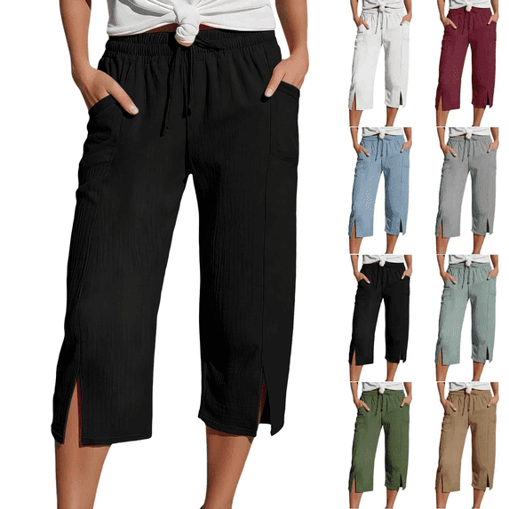 Womens Lounge Capri Pants Drawstring Elastic Waist Loose Capris Side Slit Lightweight Cotton Cropped Pants with Pockets,Sizes S-2XL
