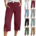 thumbnail image 1 of Womens Lounge Capri Pants Drawstring Elastic Waist Loose Capris Side Slit Lightweight Cotton Cropped Pants with Pockets,Sizes S-2XL, 1 of 7