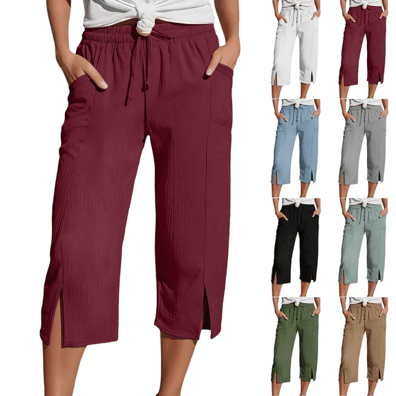 Womens Lounge Capri Pants Drawstring Elastic Waist Loose Capris Side Slit Lightweight Cotton Cropped Pants with Pockets,Sizes S-2XL