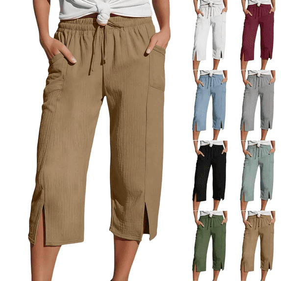 Womens Lounge Capri Pants Drawstring Elastic Waist Loose Capris Side Slit Lightweight Cotton Cropped Pants with Pockets,Sizes S-2XL