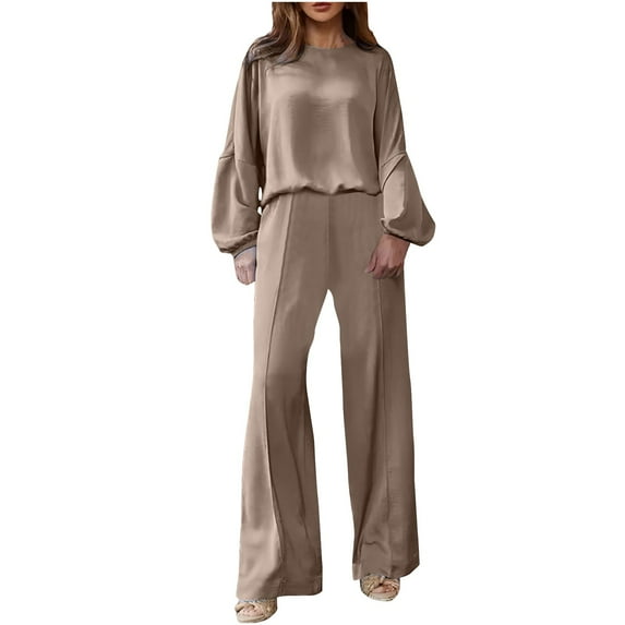 Womens Lounge Outfits 2 Piece Sweatsuits Drop Shoulder Long Sleeve Crewneck Tops and Wide Leg Pants Set Tracksuit (S, Khaki)