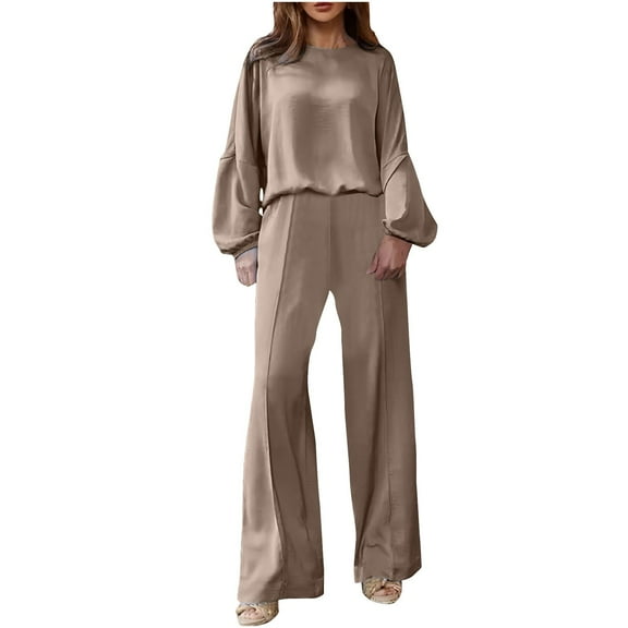 Womens Lounge Outfits 2 Piece Sweatsuits Drop Shoulder Long Sleeve Crewneck Tops and Wide Leg Pants Set Tracksuit (XL, Khaki)