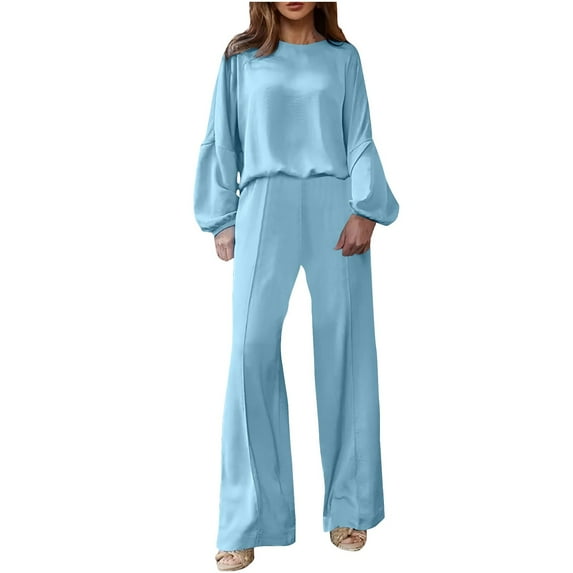 Womens Lounge Outfits 2 Piece Sweatsuits Drop Shoulder Long Sleeve Crewneck Tops and Wide Leg Pants Set Tracksuit (XL, Sky Blue)
