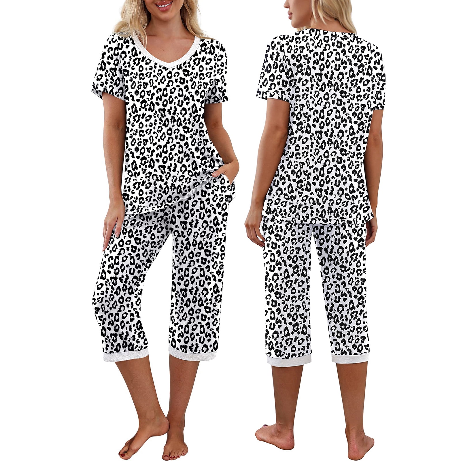 Womens Lounge Pajamas Sets Short Sleeve Top with Capri Pant Casual Fun