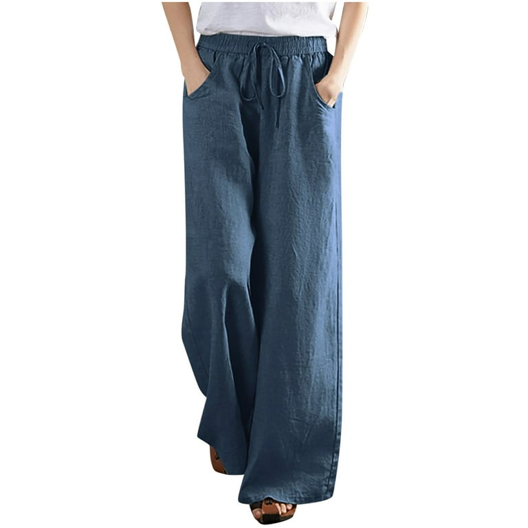 Womens Lounge Pants Cotton Linen Lightweight Wide Leg Pants for Women  Casual Loose Fitting Solid Slacks Trousers (Large, Blue)