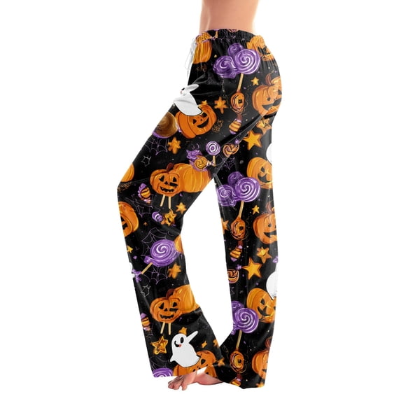 Womens Lounge Pants Halloween Plaid Pumpkin Print Elastic Waist Comfy Pjs Sleep Pants