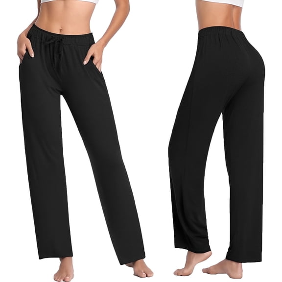 Womens Lounge Pants with Pockets Wide Leg Sweat Pants Tall Straight Leg High Waist Workout Walking Pants Comfy Lounge Pants Black L
