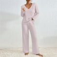thumbnail image 1 of Womens Lounge Set 2 Piece Outfit Ribbed Texture V-Neck Long Sleeve Top and Straight Leg Pants Matching Sets, 1 of 7
