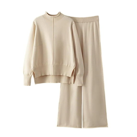 Womens Lounge Set 2026 Fall 2 Piece Outfits Long Sleeve Tops Wide Leg Long Pants Cozy Matching Sets Clothing (Free Size, Beige)