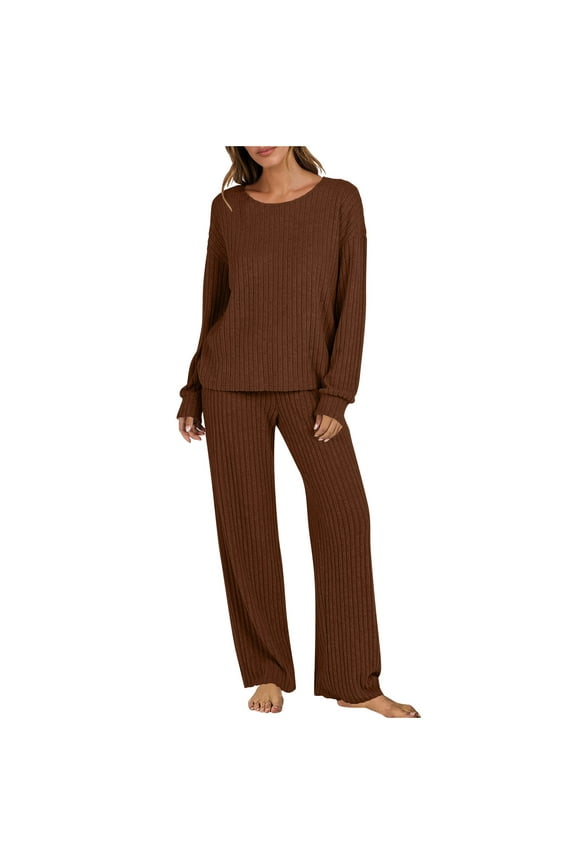 Womens Lounge Set Casual Ribbed Knit Long Sleeve and Pants Pajama Sets Casual 2 Piece Pj Outfit Fall Sleepwear