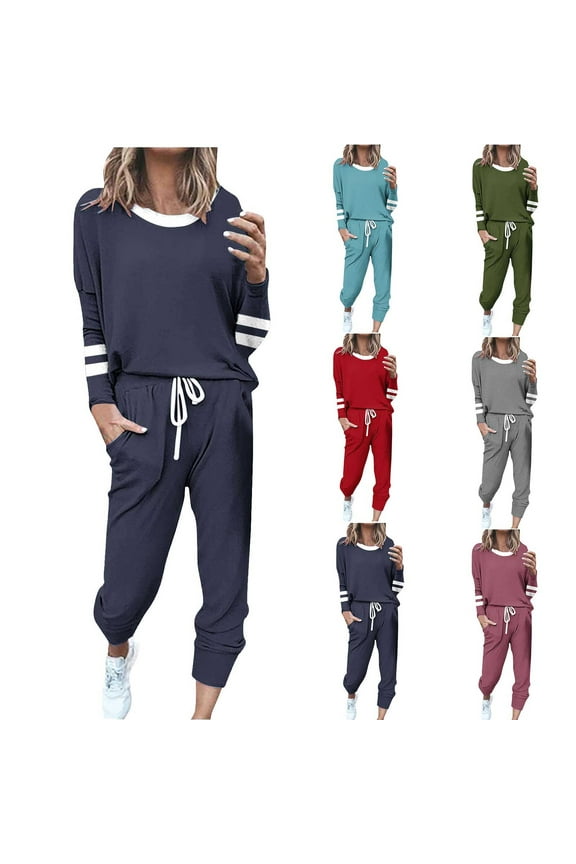 Womens Lounge Set Crew Neck Solid Color Long Sleeve Elastic Waist Long Pant Women's Leisure Fashion Casual Home Lounge Sets Outdoor Sport Suit