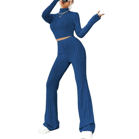 Womens Lounge Set Cute Long Sleeve Pajama Sets Casual 2 Piece Pj Outfit Fall Sleepwear Blue S