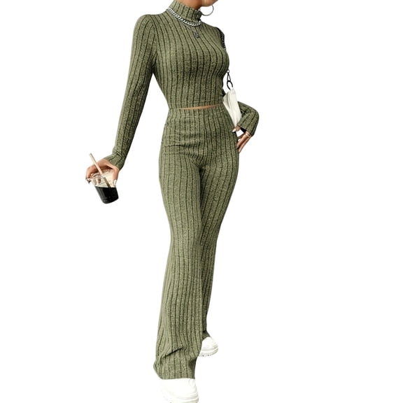 Womens Lounge Set Cute Long Sleeve Pajama Sets Casual 2 Piece Pj Outfit Fall Sleepwear Green L