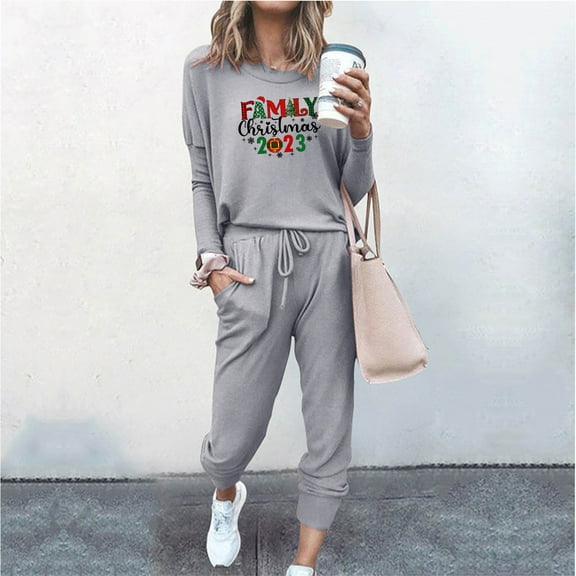 Womens Lounge Set Holiday Usmixi Christmas 2 Piece Outfits for Women Fashion Letter Print Long Sleeve Pullover Tops and Elastic Waist Jogger Pant Homewear Sets Pajamas Set Up to 65% off