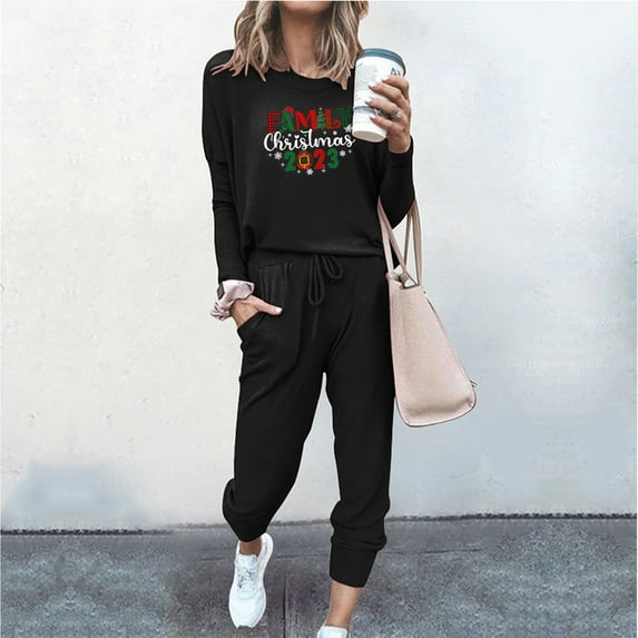 Womens Lounge Set Holiday Deals Usmixi Christmas 2 Piece Outfits for Women Fashion Letter Print Long Sleeve Pullover Tops and Elastic Waist Jogger Pant Homewear Sets Pajamas Set Up to 65% off
