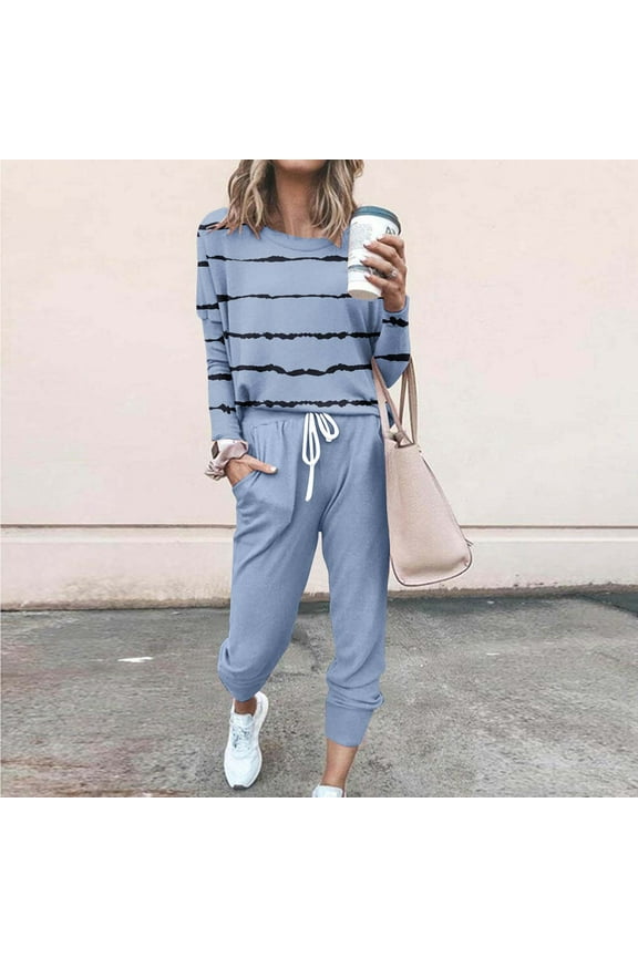 Womens Lounge Set Holiday Usmixi Drawstring Jogger Pant 2 Pieces Set for Women Fashion Striped Print Long Sleeve Pullover Tops Loungwear Outfit Sets Homewear Pajamas Sets Up to 65% off