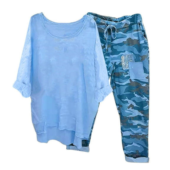 Womens Lounge Set Holiday Usmixi Womens Cotton Linen 2 Pieces Outfit Plus Size Half Sleeve Pullover and Camouflage Pant Sets Ladies Casual Loungewear Sets Homewear Set Up to 65% off