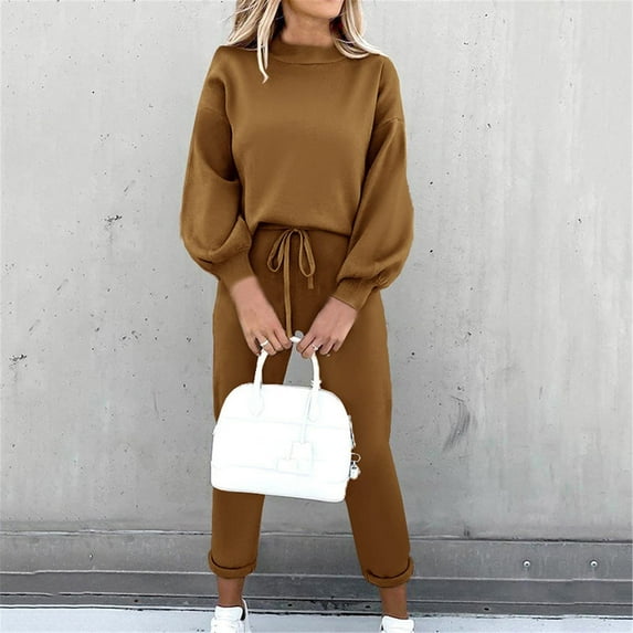Womens Lounge Set Holiday wycnly Casual 2 Piece Outfits for Women Crewneck Sweatshirt and Drawstring Long Pant Sweatsuit Sets with Pocket Ladies Loungewear Set Homewear Suit Up to 65% off