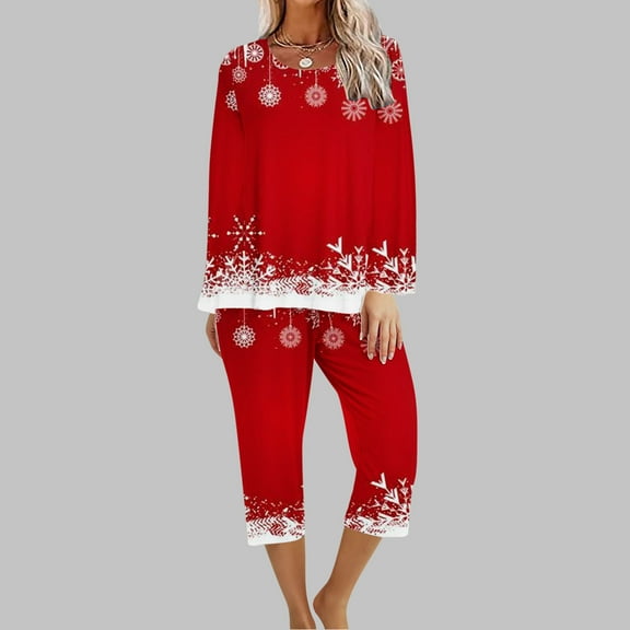 Womens Lounge Set Holiday wycnly Christmas Pajamas Sets Women Xmas Sleepwear Sets Fashion Snowflake Print Long Sleeve Pullover Tops and Capris 2 Pieces Homewear Set Up to 65% off