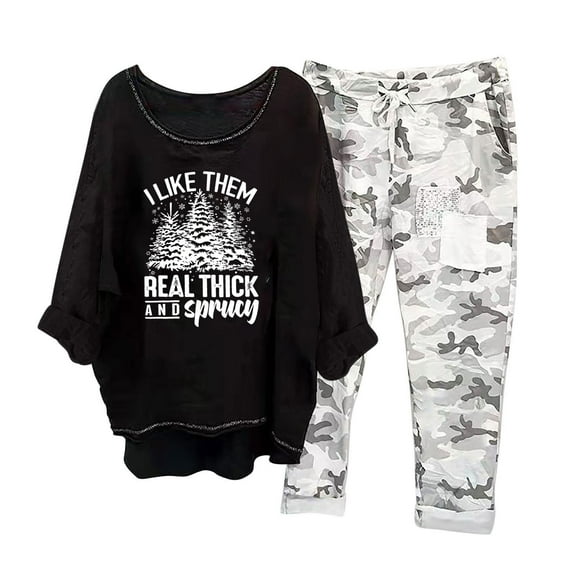 Womens Lounge Set Holiday Usmixi Womens Christmas 2 Piece Outfits Fashion Christmas Tree Print Plus Size Half Sleeve Pullover and Camouflage Pant Sets Cotton Linen Homewear Set Up to 65% off