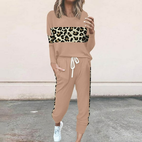 Womens Lounge Set Leopard Printed Long Sleeve Oversized Pullover Sport Yoga Outfits Trendy Drawstring Long Sweatpant 2025 Fall Lounge 2 Piece