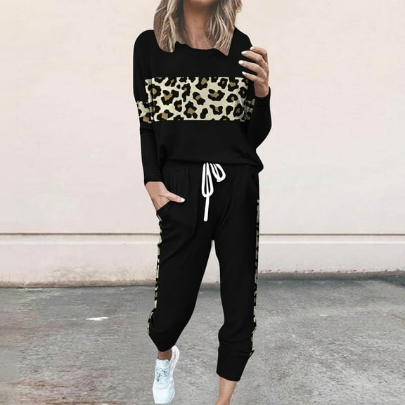 Xdegoge Womens Lounge Set Leopard Printed Long Sleeve Oversized Pullover Sport Yoga Outfits Trendy Drawstring Long Sweatpant 2025 Fall Lounge 2 Piece