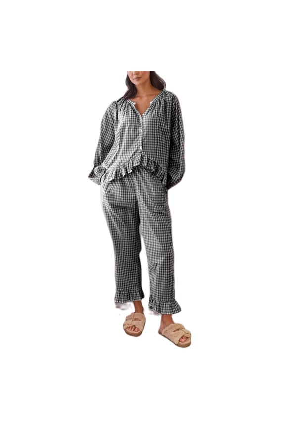 Womens Lounge Set Sevevn Womens Gingham Pajama Set 2 Piece Plaid Button Down Long Sleeve Shirt and Pants Pjs Lounge Set Outfits