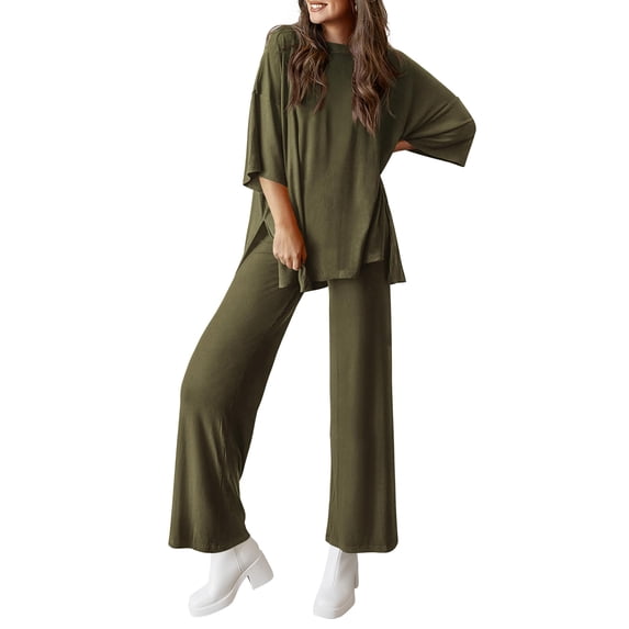 Womens Lounge Set Two Piece Outfits Oversized Long Sleeve Tunic Tops wide-leg pants Sweatsuits Fall Casual Clothing