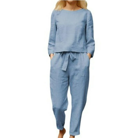 Womens Lounge Set Usmixi 2 Piece Outfits for Women Lightweight Cotton Linen Homewear Sets Casual Solid Long Sleeve Tops and Drawstring Pant Loungewear Set with Pocket